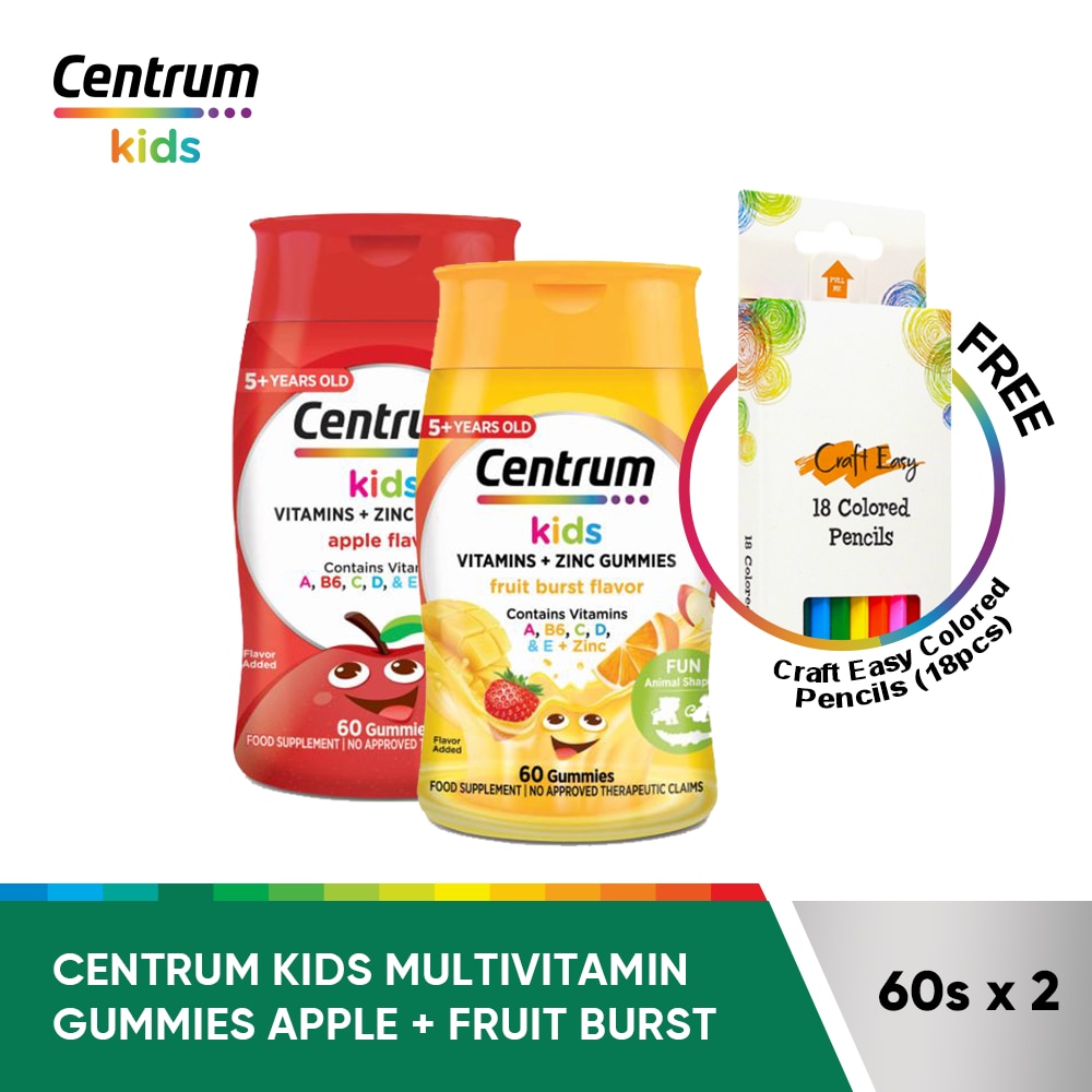 Centrum Kids Gummies Fruit Burst 60s & Apple 60s w/ FREE Colored Pencils