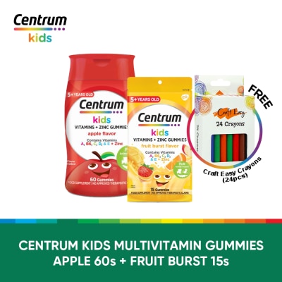 CENTRUM Centrum Kids Gummies Fruit Burst 15s & Apple 60s w/ FREE Crayons