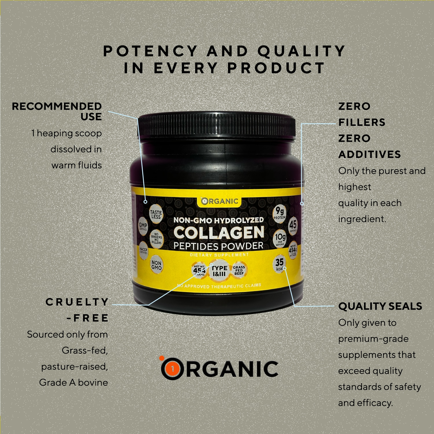 1Organic Collagen Peptides Powder 454 Grams Jar image