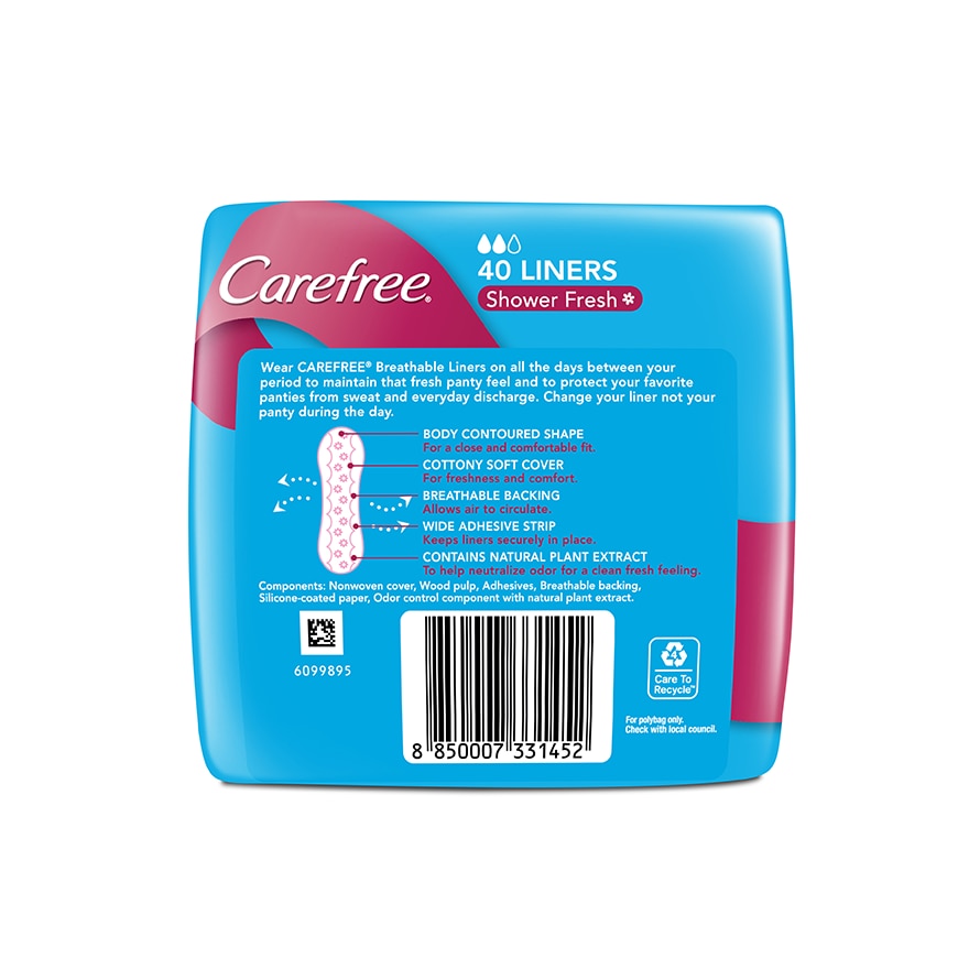Carefree Breathable Panty Liners Flats 40s - Feminine Care, Odor Control, Absorb Discharge image