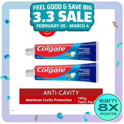 COLGATE Maximum Cavity Protection Great Regular Flavor Anti-Cavity Family Toothpaste 195g Twin Pack