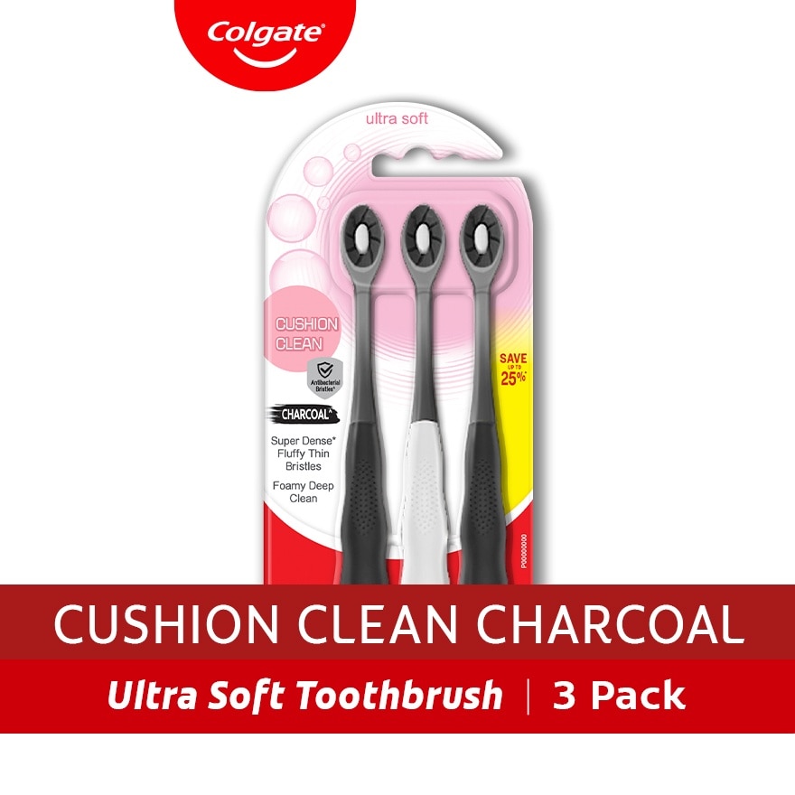 Colgate Cushion Clean Charcoal Toothbrush 3Pk (Soft)
