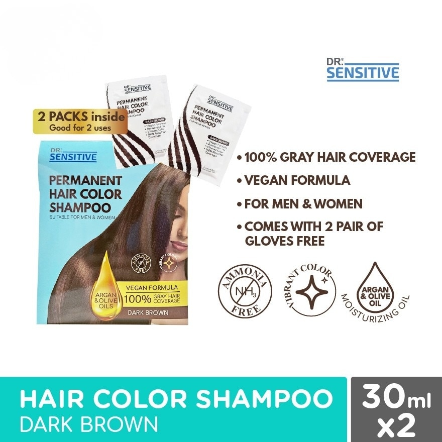 DR SENSITIVE Permanent Hair Color Shampoo Dark Brown 30ml 2Pack
