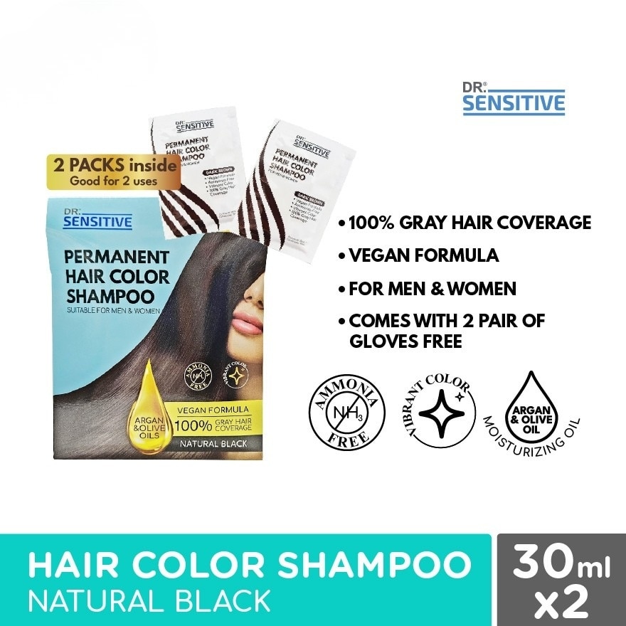 DR SENSITIVE Permanent Hair Color Shampoo Natural Black 30ml 2Pack
