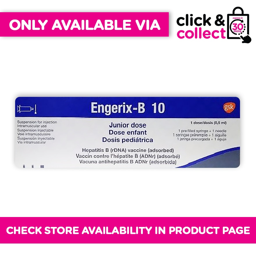 ENGERIX B 10 Suspension For Injection Vaccine 20mcg x 1ml  [PRESCRIPTION REQUIRED] Available In Click & Collect Express Only