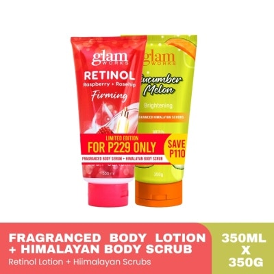 GLAMWORKS GLAM WORKS Raspberry + Rosehip Retinol Body Serum & Cucumber Melon Body Scrub Bundle 350ml x 350g image