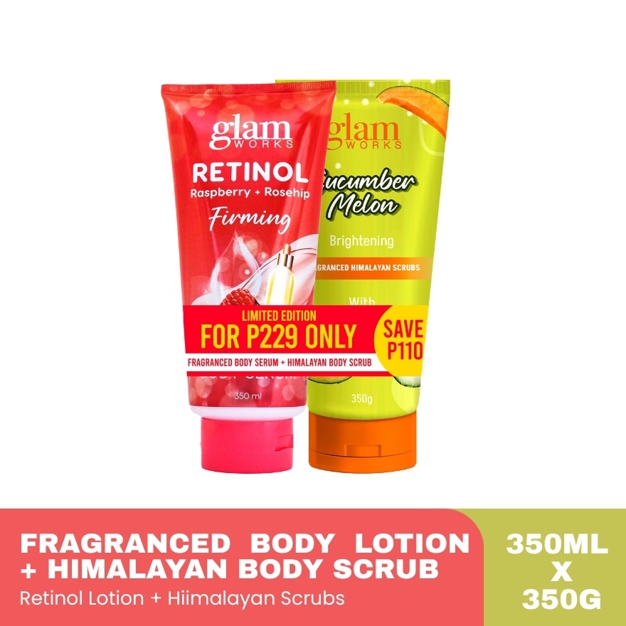 GLAM WORKS Raspberry + Rosehip Retinol Body Serum & Cucumber Melon Body Scrub Bundle 350ml x 350g image