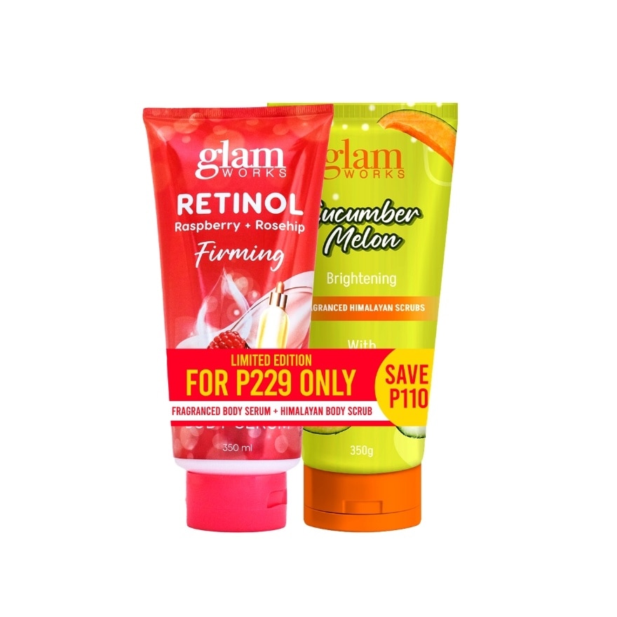 GLAM WORKS Raspberry + Rosehip Retinol Body Serum & Cucumber Melon Body Scrub Bundle 350ml x 350g image