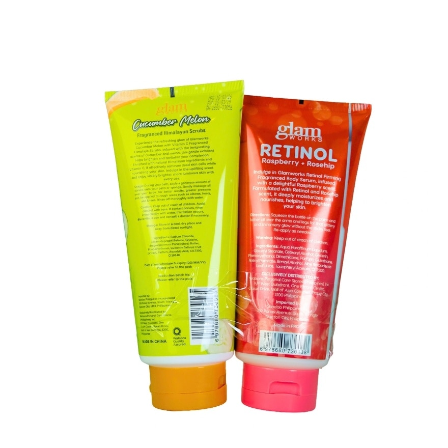 GLAM WORKS Raspberry + Rosehip Retinol Body Serum & Cucumber Melon Body Scrub Bundle 350ml x 350g image