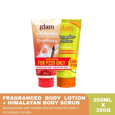 GLAMWORKS GLAM WORKS Vanilla + Almond Oil Body Serum & Cucumber Melon Body Scrub Bundle 350ml x 350g image