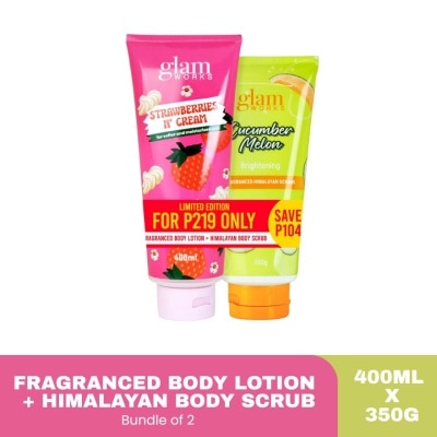 GLAMWORKS GLAM WORKS Raspberry Splash Body Lotion & Cucumber Melon Body Scrubs Bundle 400ml x 350g image