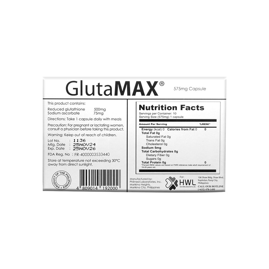 GLUTAMAX Reduced Glutathione 500mg Sodium Ascorbate 75mg Sold Per Piece
