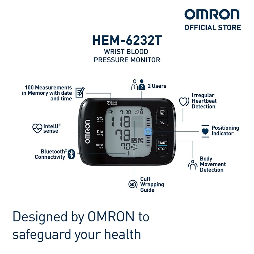 OMRON HEM-6232T Automatic Wrist Type Blood Pressure Monitor BPM Digital with Bluetooth Connectivity