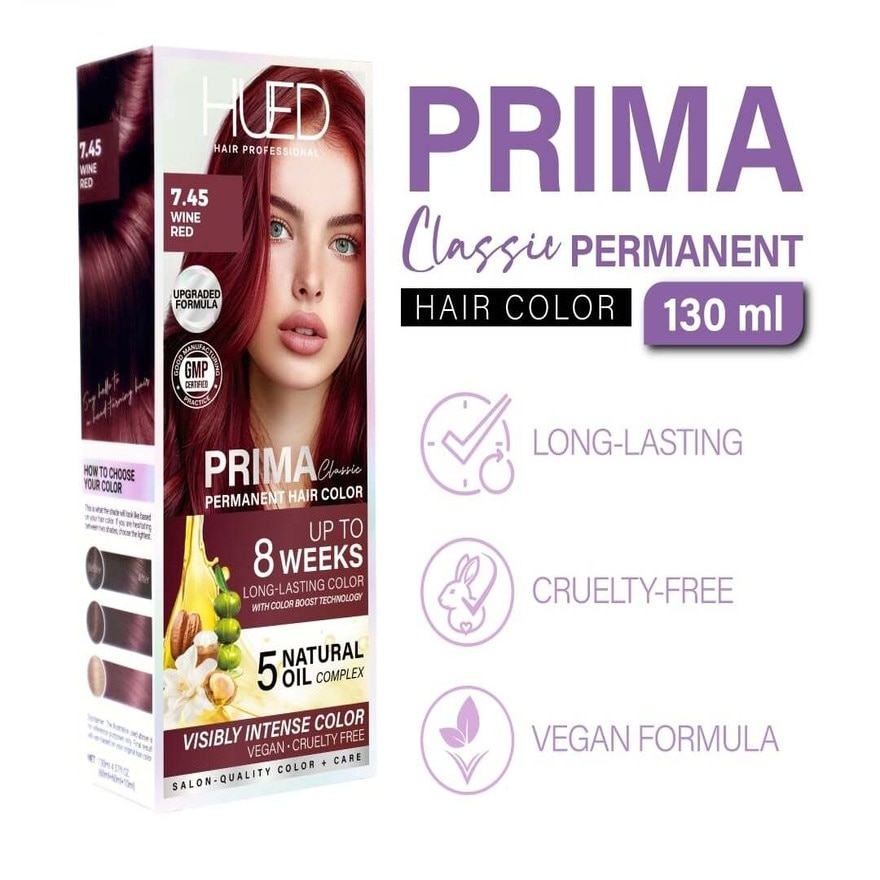 HUED Prima Classic Permanent Hair Color Upgraded Formula 7.45 Wine Red