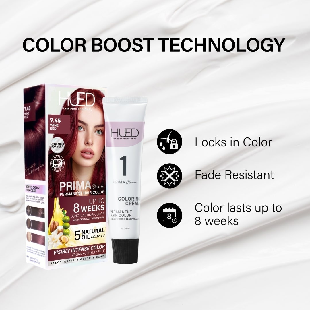 HUED Prima Classic Permanent Hair Color Upgraded Formula 7.45 Wine Red