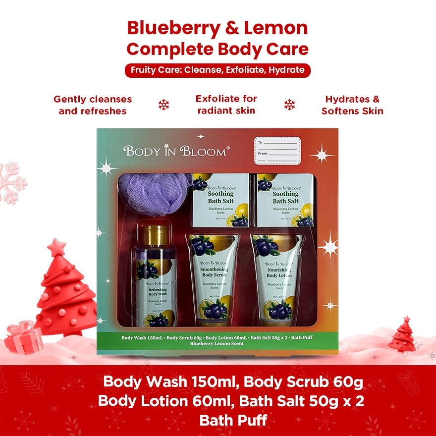BODY IN BLOOM Body Wash, Lotion, Scrub, Body Salt & Puff Blueberry Lemon Gift Set