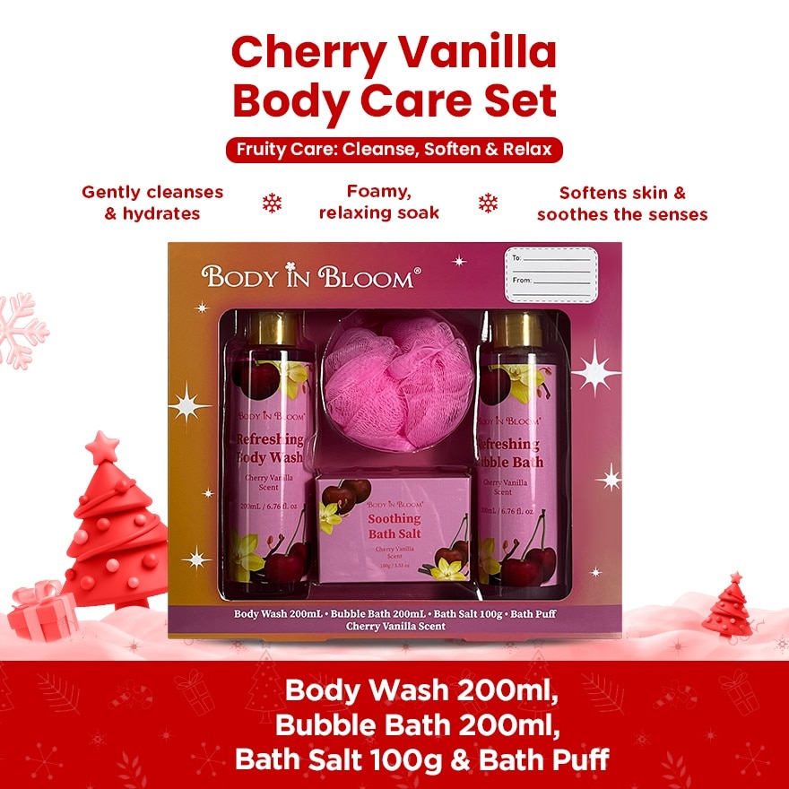 BODY IN BLOOM Body Wash x Bubble Bath x Bath Salt with Puff Cherry Vanilla Gift Set