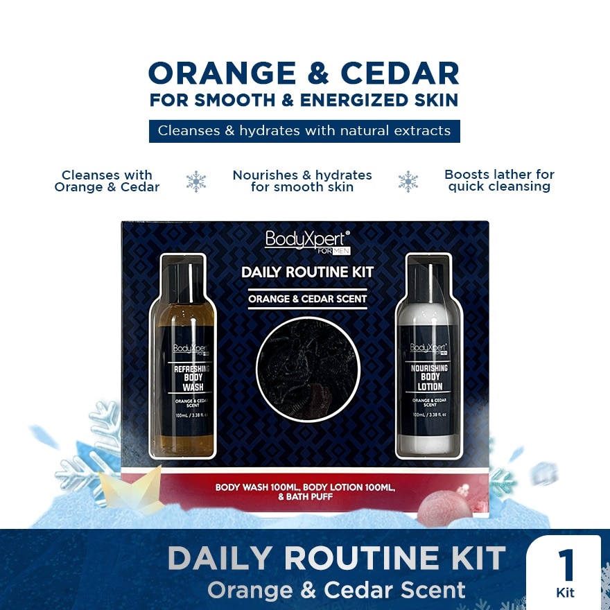 BODYXPERT FOR MEN Body Wash, Lotion with Body Puff Orange & Cedar Scent Gift Set