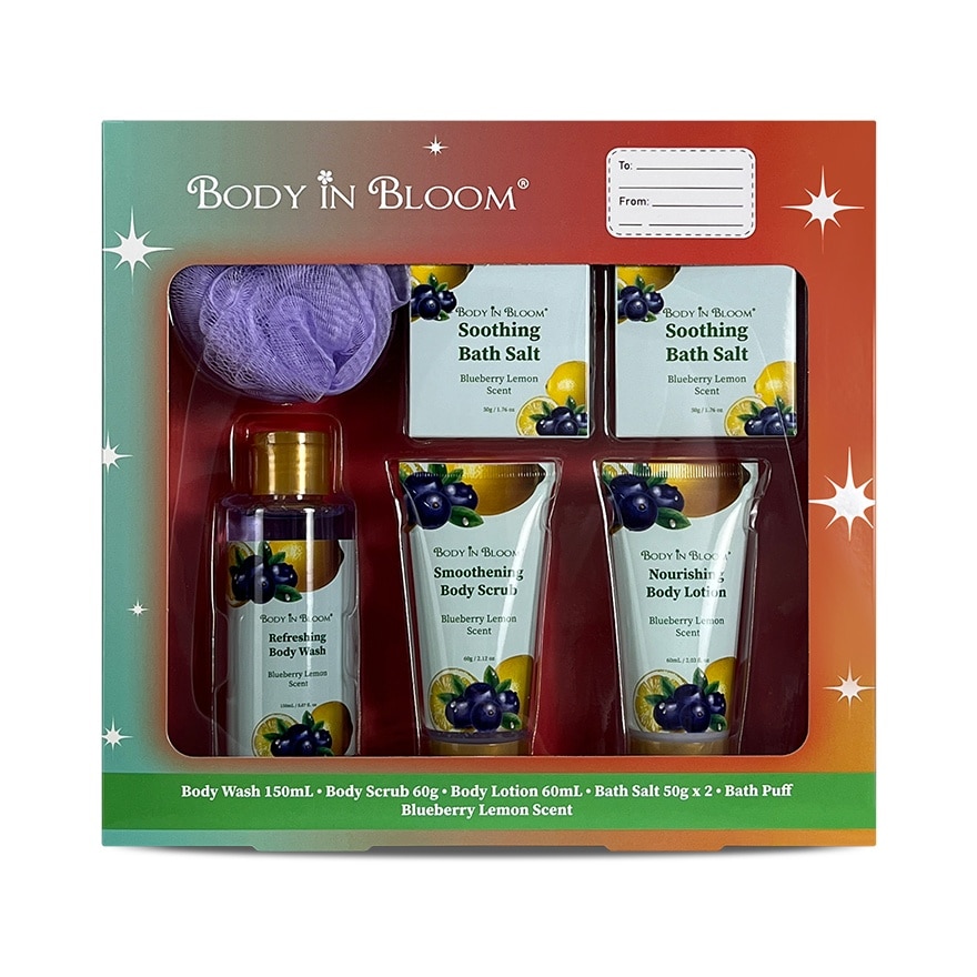 BODY IN BLOOM Body Wash, Lotion, Scrub, Body Salt & Puff Blueberry Lemon Gift Set