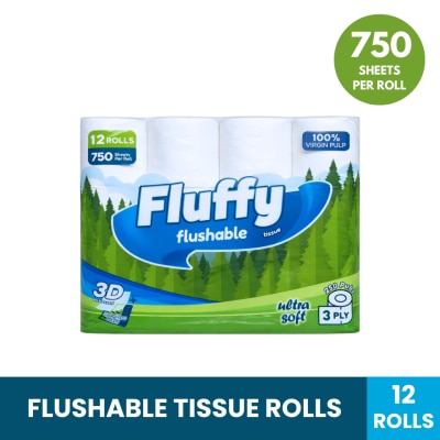 FLUFFY - Ultra Soft Flushable Bathroom Tissue 3ply 12 Rolls