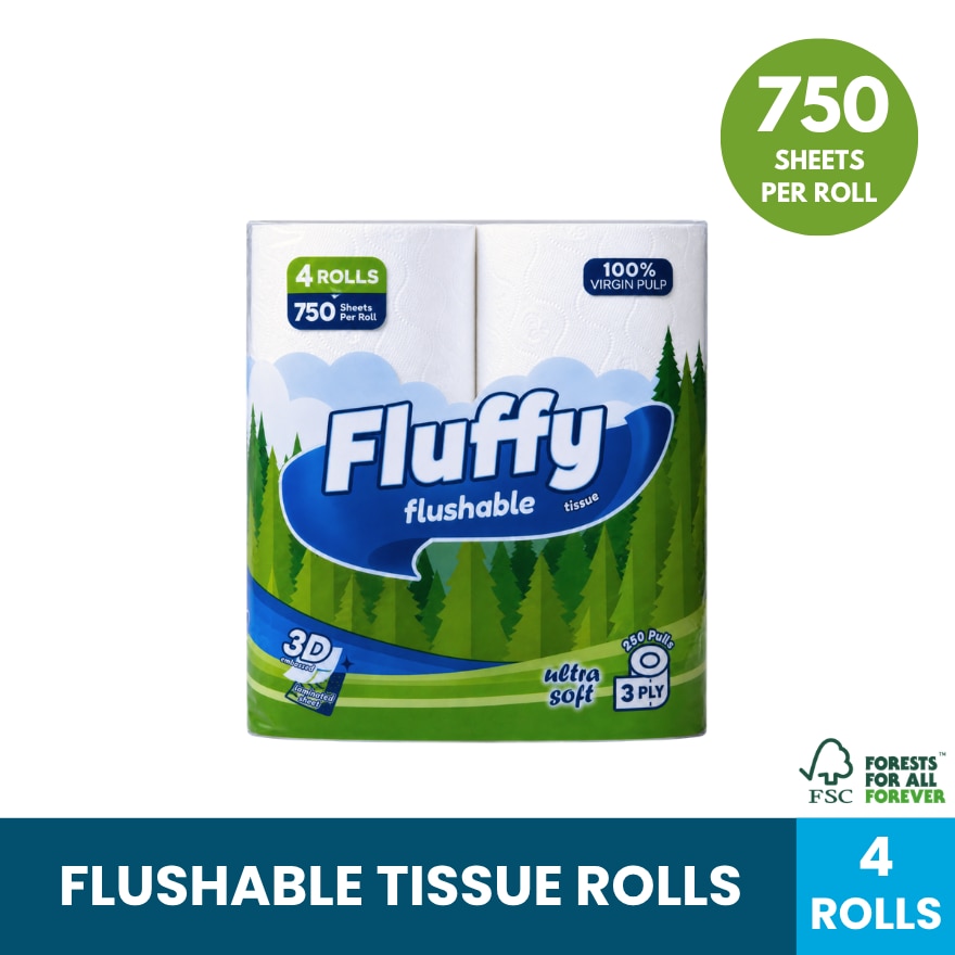 FLUFFY Ultra Soft Flushable Bathroom Tissue 3 Ply x 4 Rolls