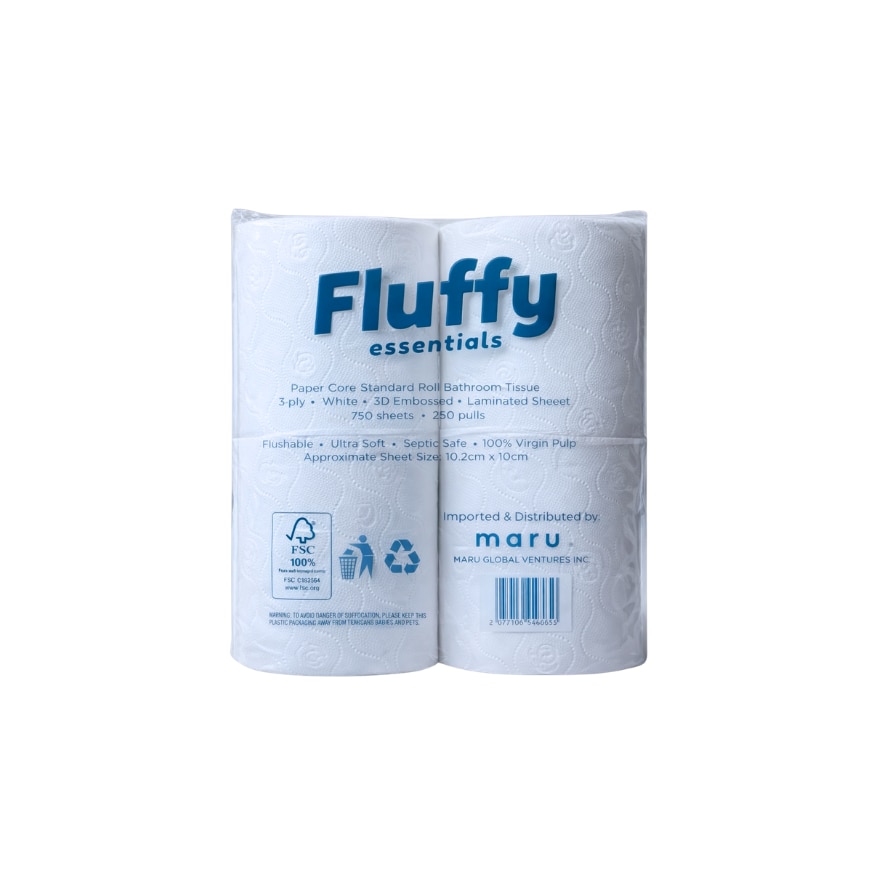 FLUFFY Ultra Soft Flushable Bathroom Tissue 3 Ply x 4 Rolls