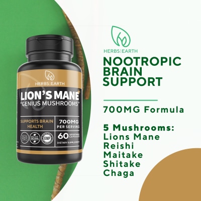 HERBS OF THE EARTH LION'S MANE + Brain Focus, Cognition, Memory Enhancer, 5 Mushrooms 60 Caps 700mg Herbs of the Earth image