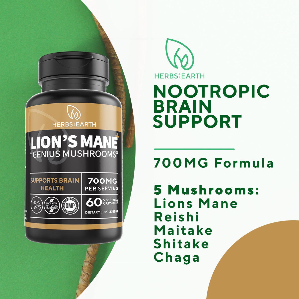 LION'S MANE + Brain Focus, Cognition, Memory Enhancer, 5 Mushrooms 60 Caps 700mg Herbs of the Earth image