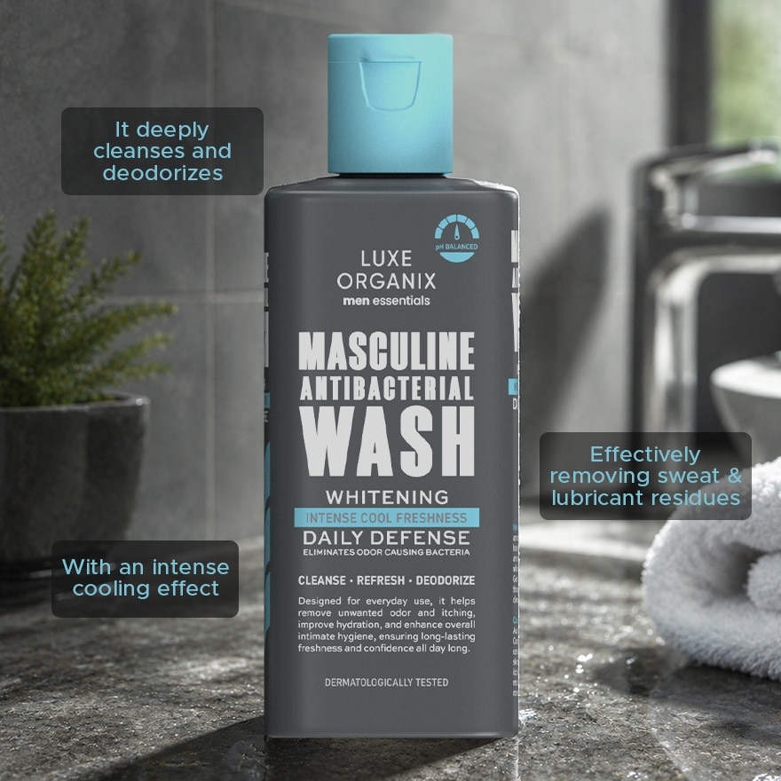 LUXE ORGANIX Men Essentials Masculine Antibacterial Wash Whitening Daily Defense Intense Cool Freshness 180ml image