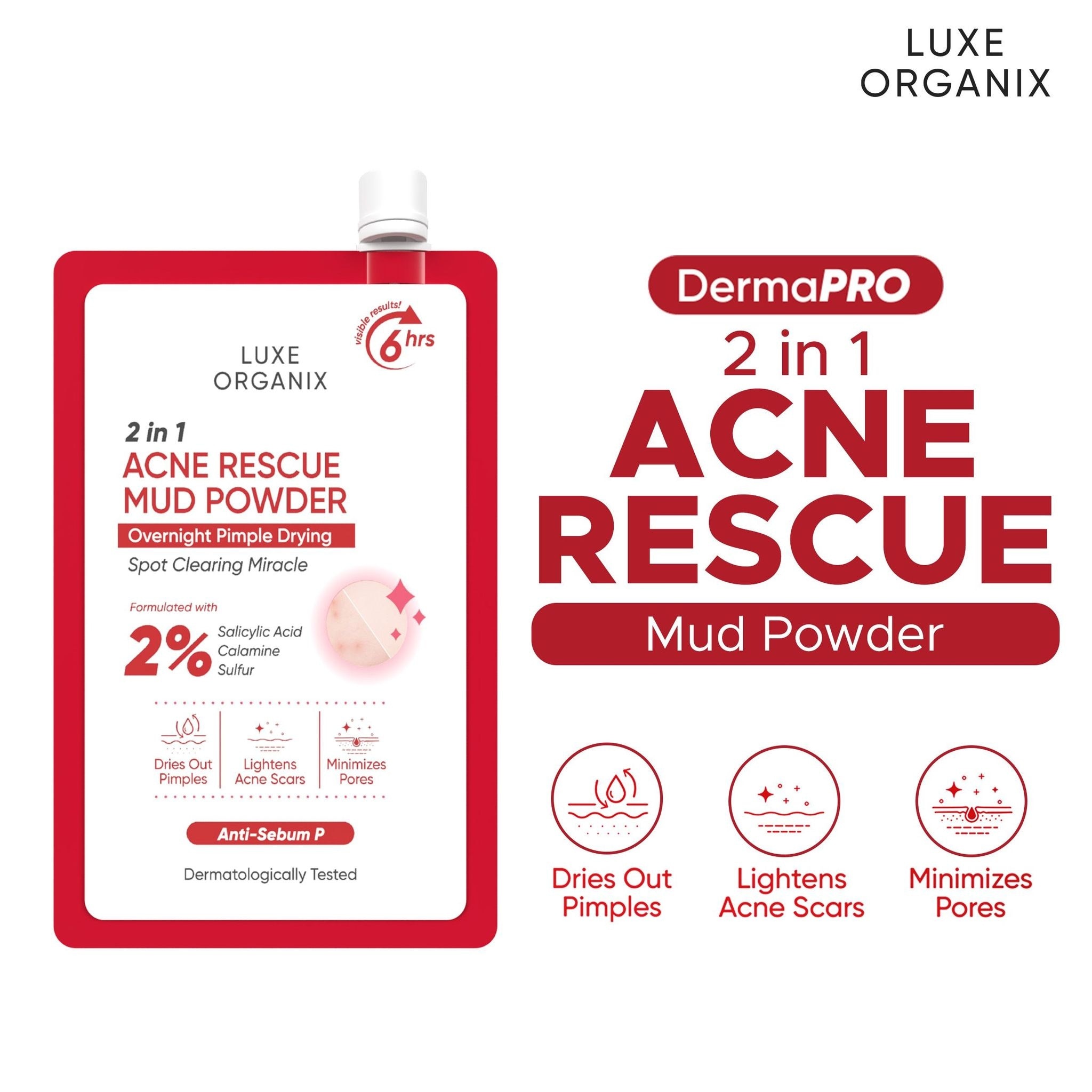 LUXE ORGANIX 2 in 1 Acne Rescue Mud Powder Overnight Pimple Drying 9g