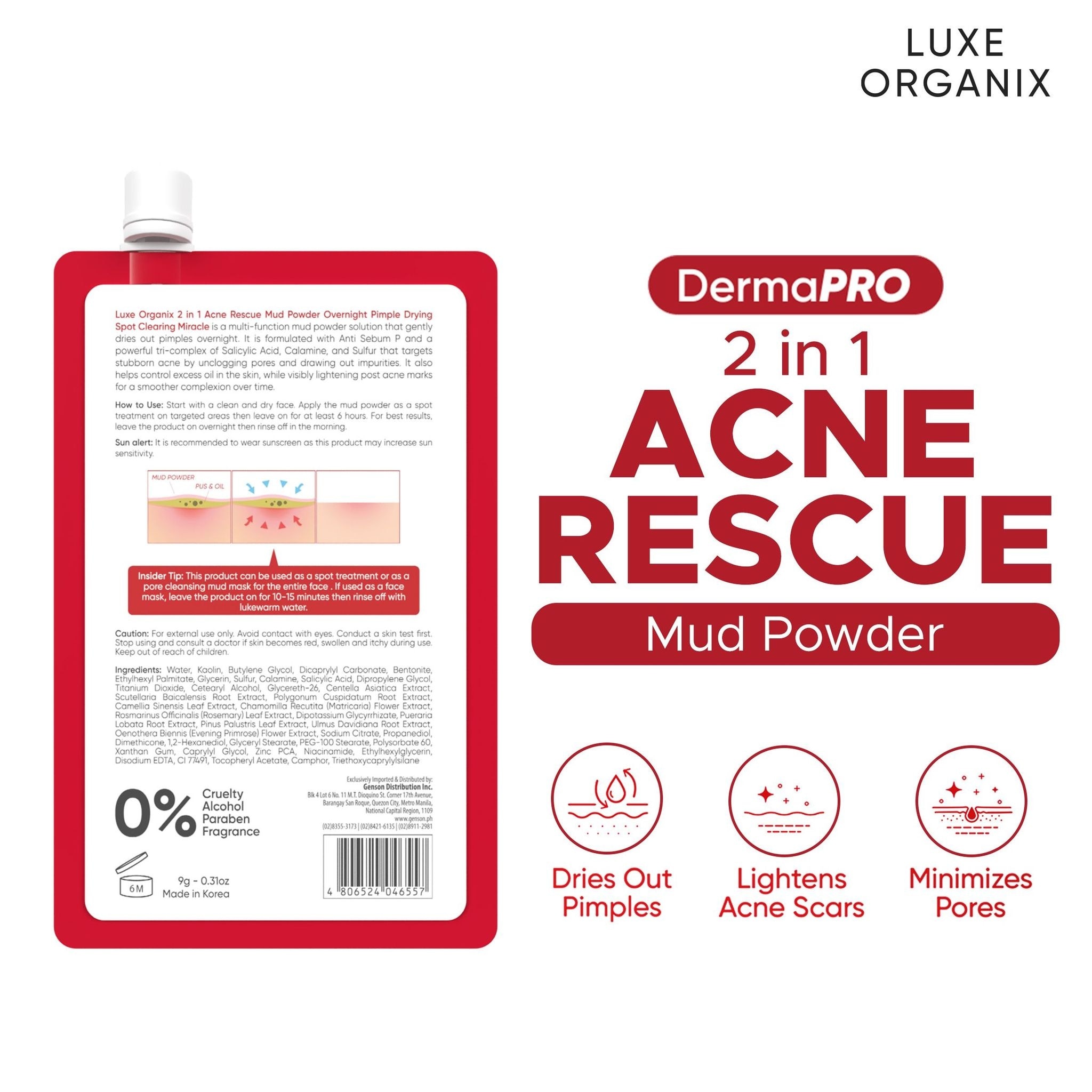 LUXE ORGANIX 2 in 1 Acne Rescue Mud Powder Overnight Pimple Drying 9g
