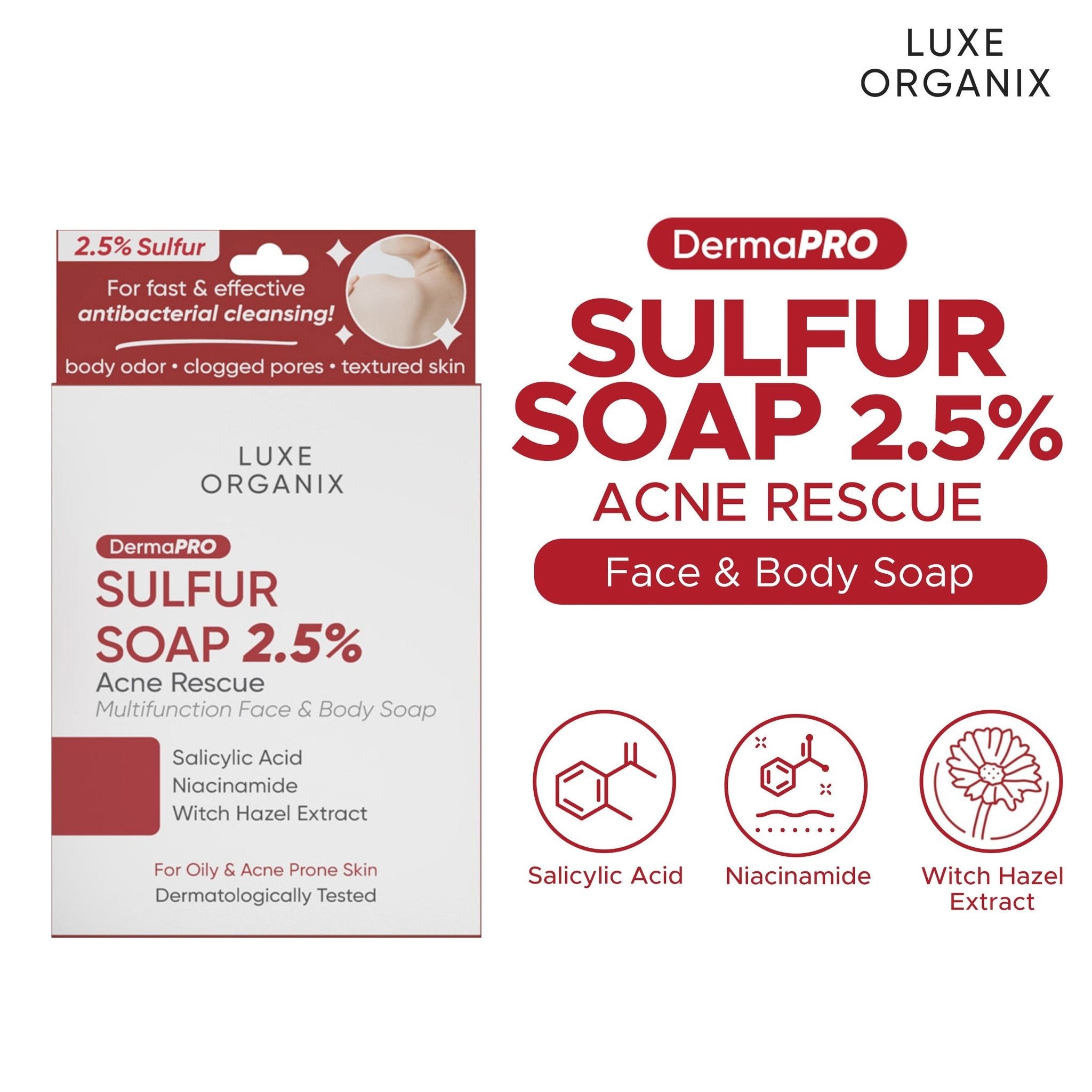 LUXE ORGANIX Dermapro Sulfur Soap 2.5% Acne Rescue 80g