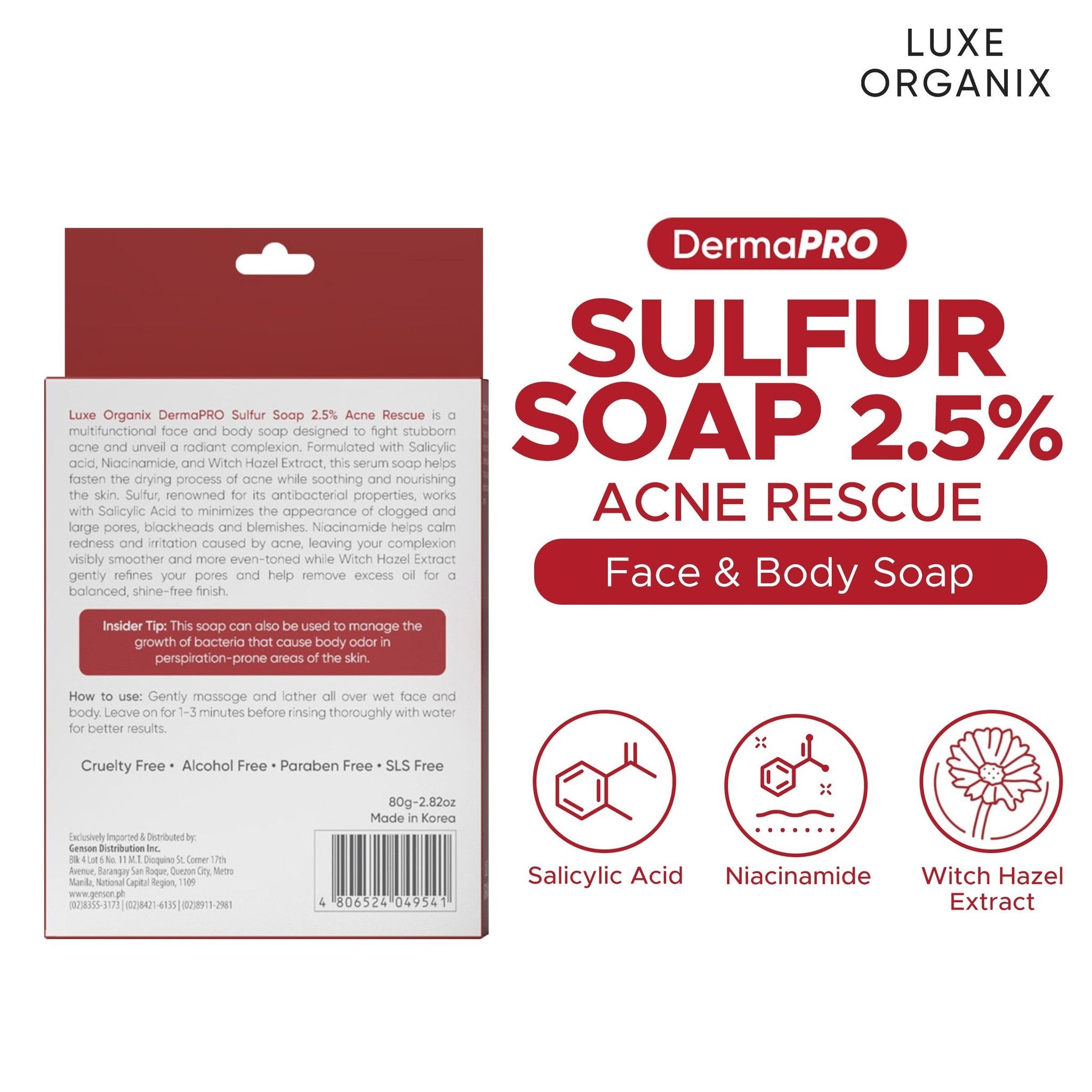LUXE ORGANIX Dermapro Sulfur Soap 2.5% Acne Rescue 80g