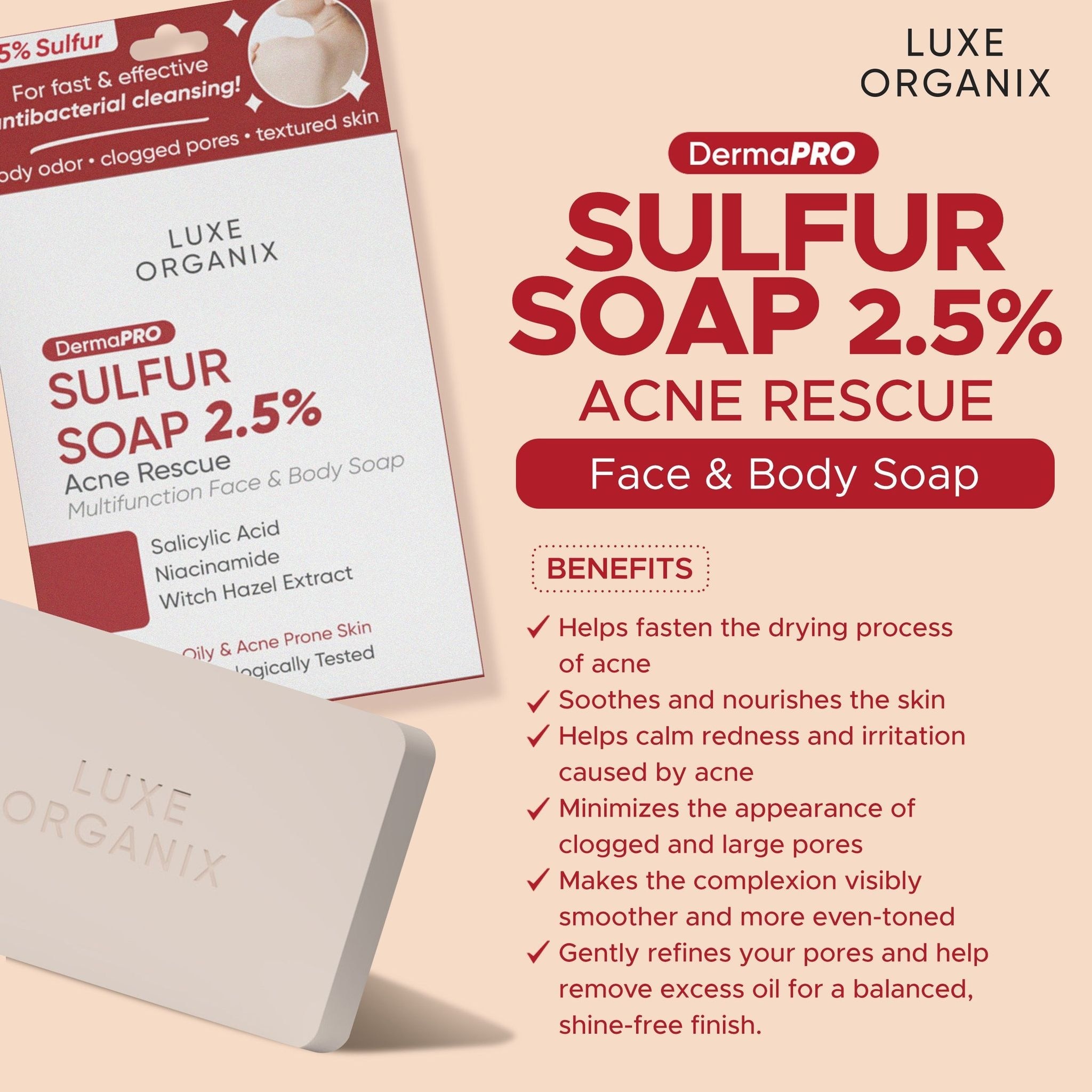 LUXE ORGANIX Dermapro Sulfur Soap 2.5% Acne Rescue 80g