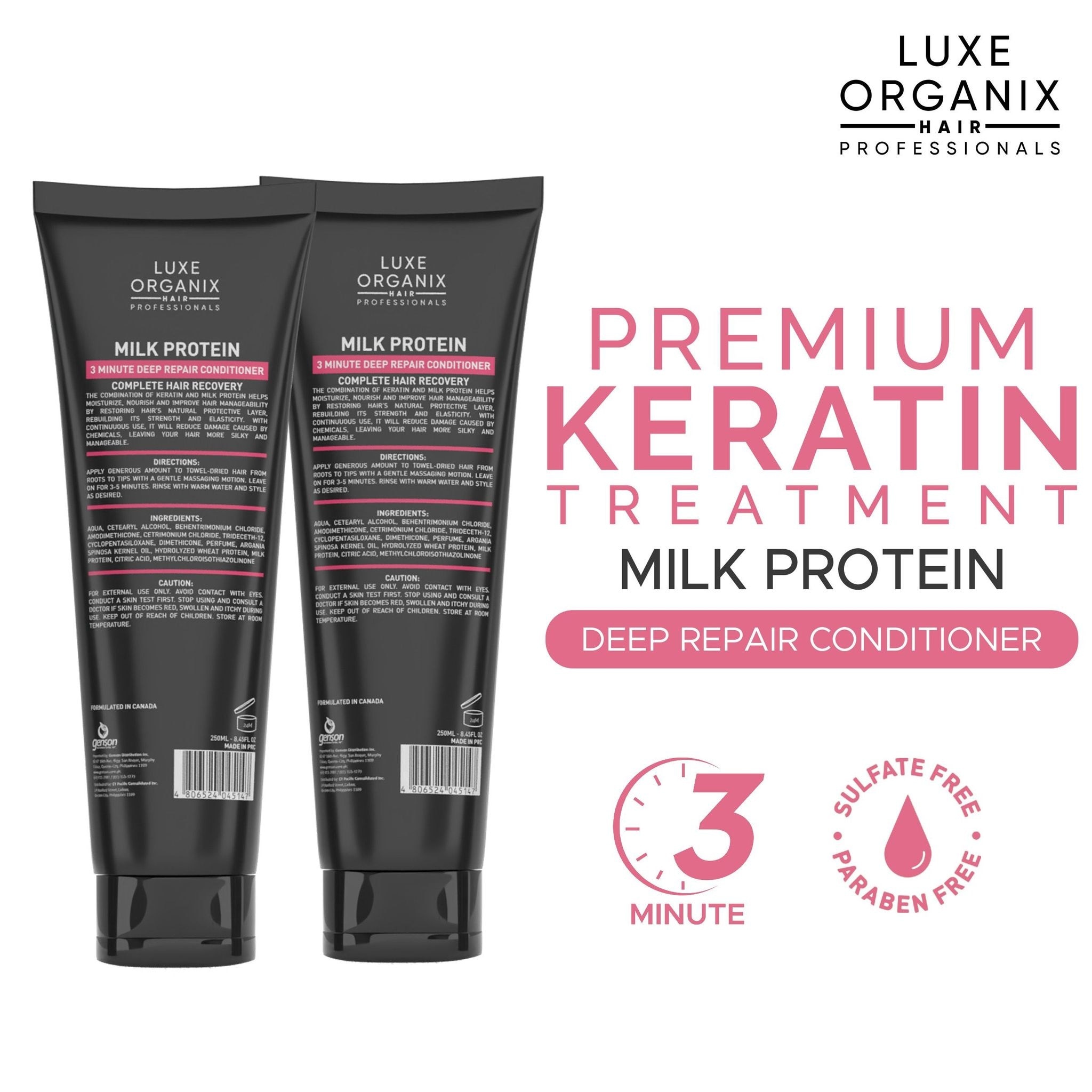 LUXE ORGANIX Premium Keratin Treatment Milk Protein 250ml B1T1