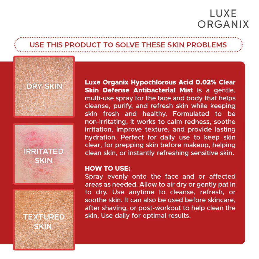 LUXE ORGANIX Hypochlorous Acid 0.02% Clear Skin Defense Antibacterial Mist 100ml