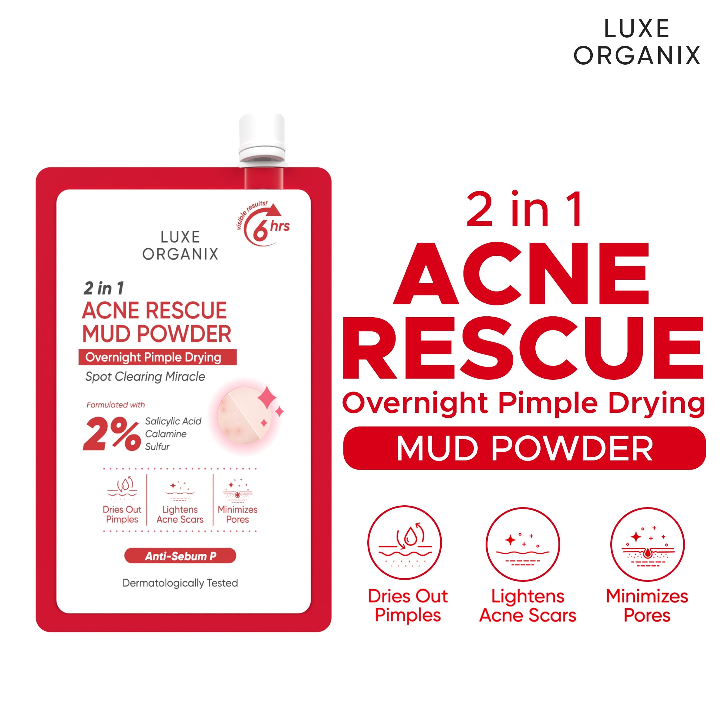 LUXE ORGANIX 2 in 1 Acne Rescue Mud Powder Overnight Pimple Drying 9g