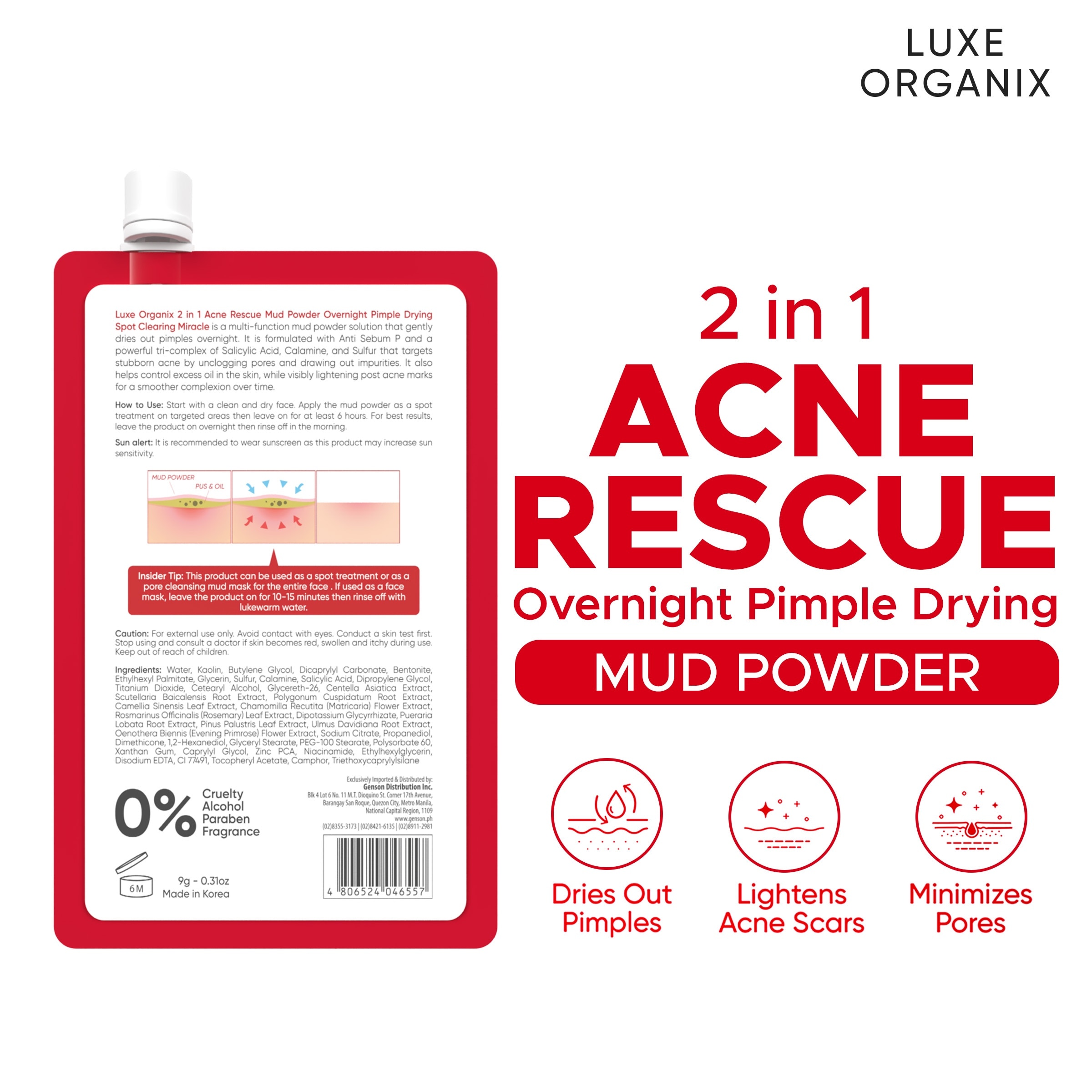 LUXE ORGANIX 2 in 1 Acne Rescue Mud Powder Overnight Pimple Drying 9g