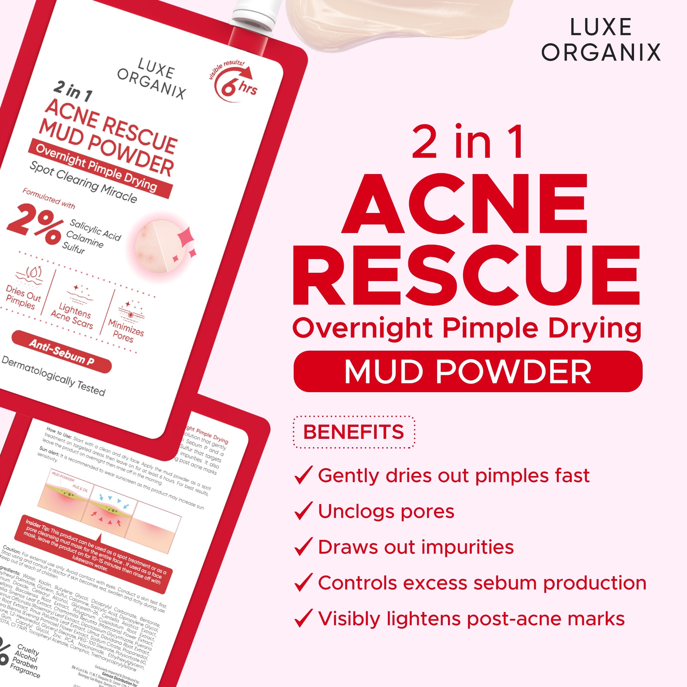 LUXE ORGANIX 2 in 1 Acne Rescue Mud Powder Overnight Pimple Drying 9g