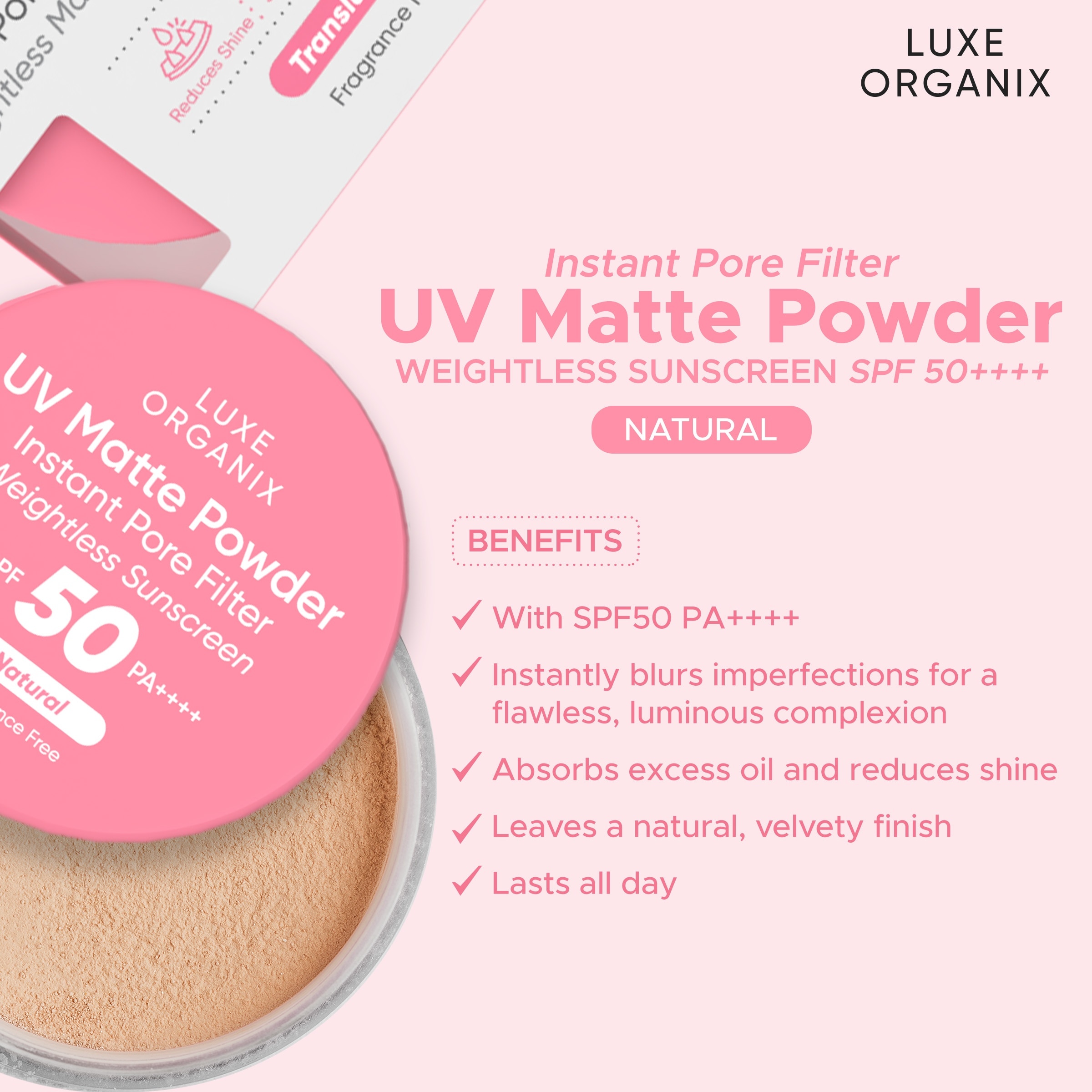 LUXE ORGANIX UV Matte Powder Instant Pore Filter Natural Weightless Sunscreen 15g