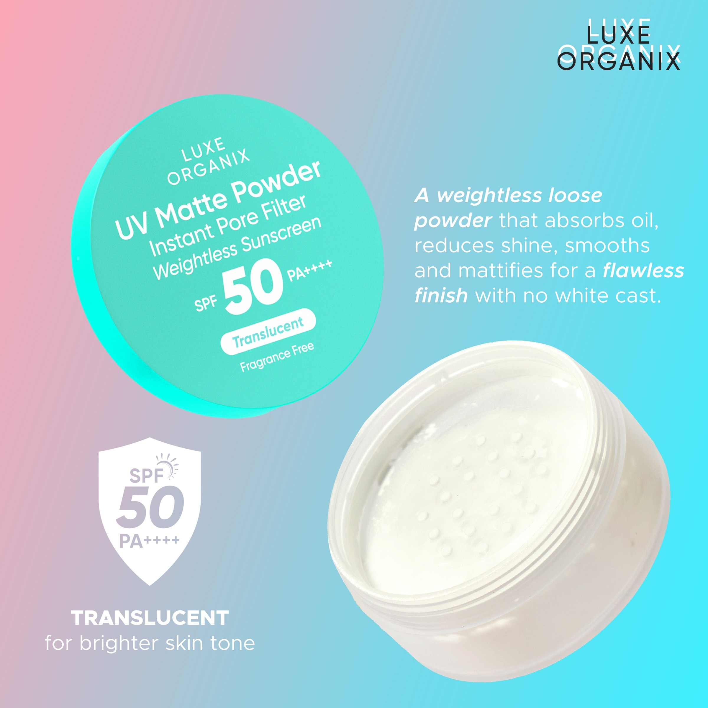 LUXE ORGANIX UV Matte Powder Instant Pore Filter Translucent Weightless Sunscreen 15g