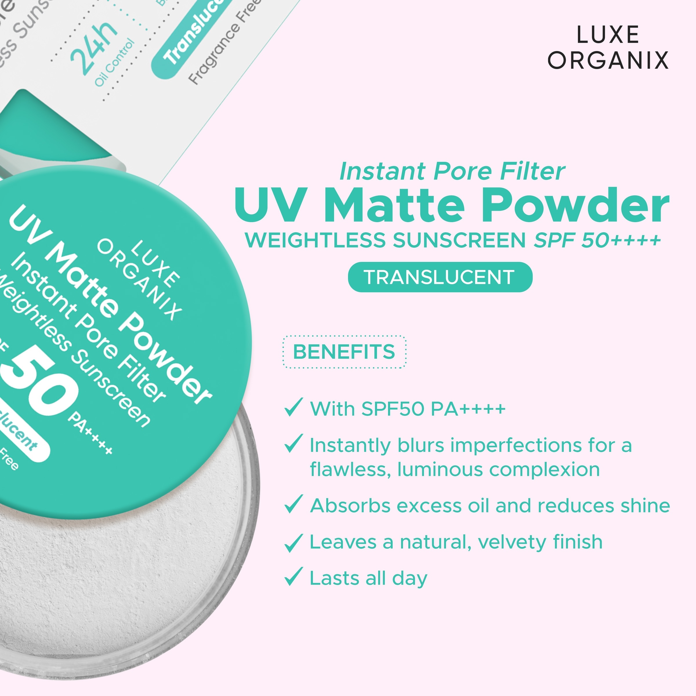 LUXE ORGANIX UV Matte Powder Instant Pore Filter Translucent Weightless Sunscreen 15g