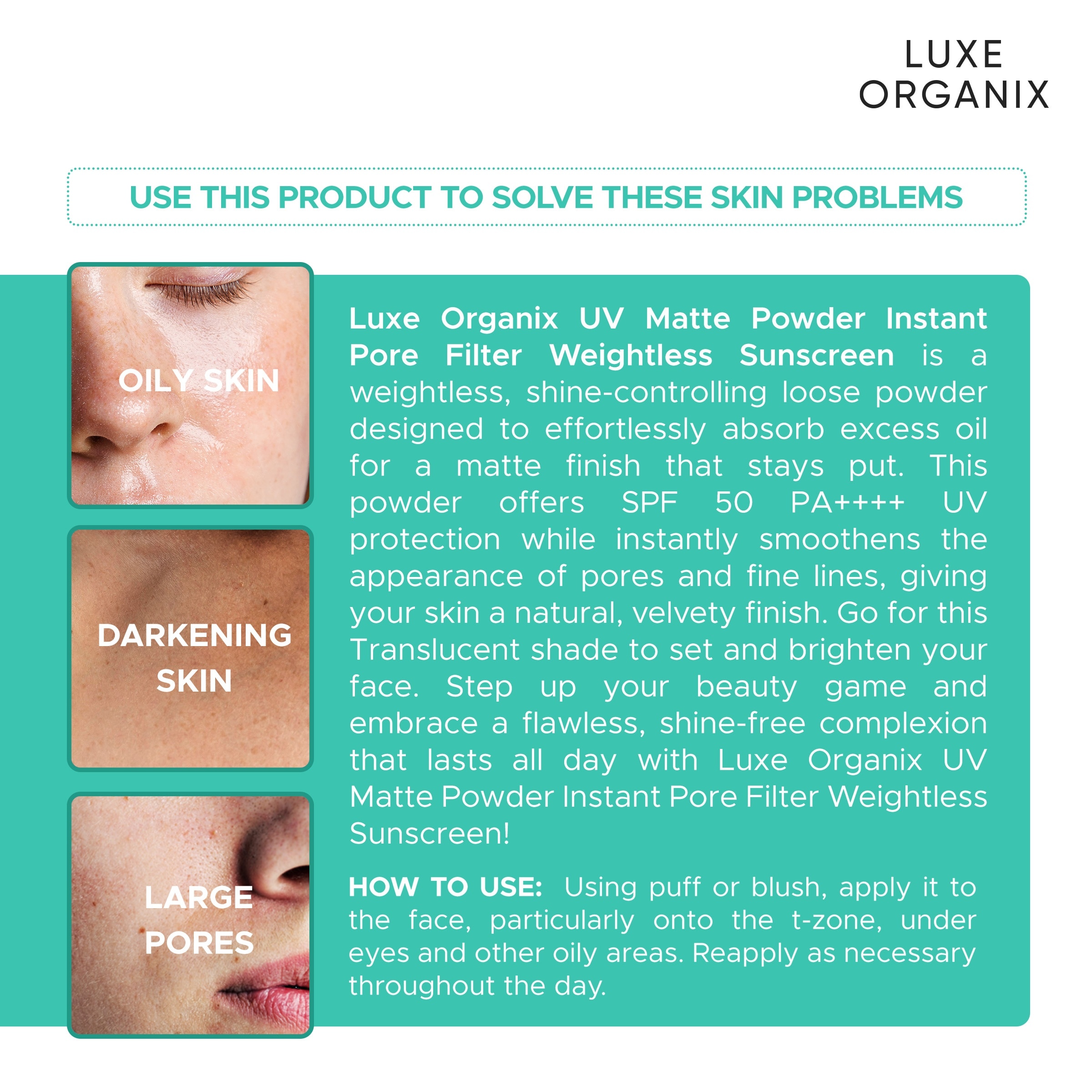 Luxe Organix 24H Zero Sebum Instant Pore Blurring Weightless Matte Powder Spf 50 Pa++++ Translucent 15G