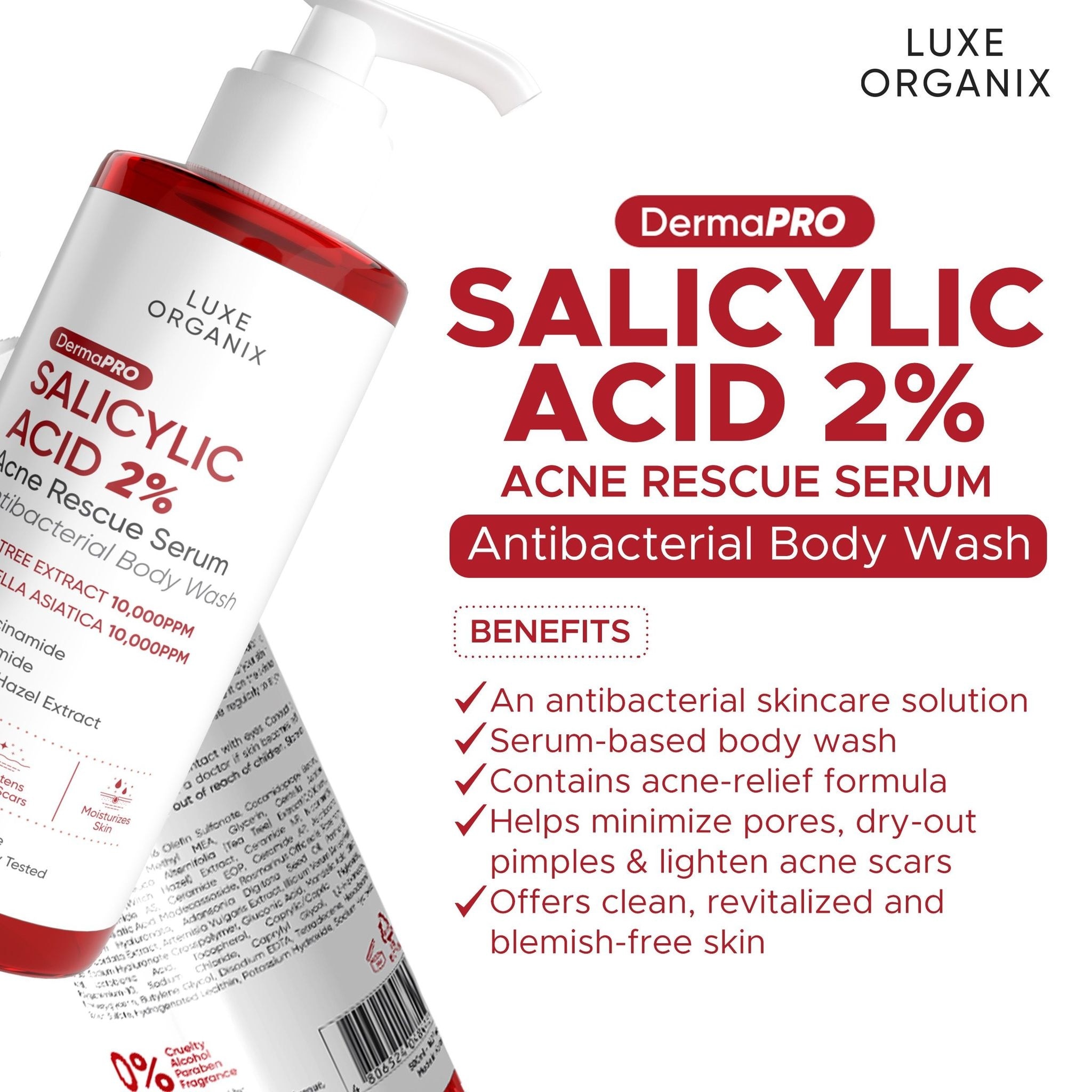 Luxe Organix Dermapro Salicylic Acid 2% Acne Rescue Serum Antibacterial Body Wash 500Ml