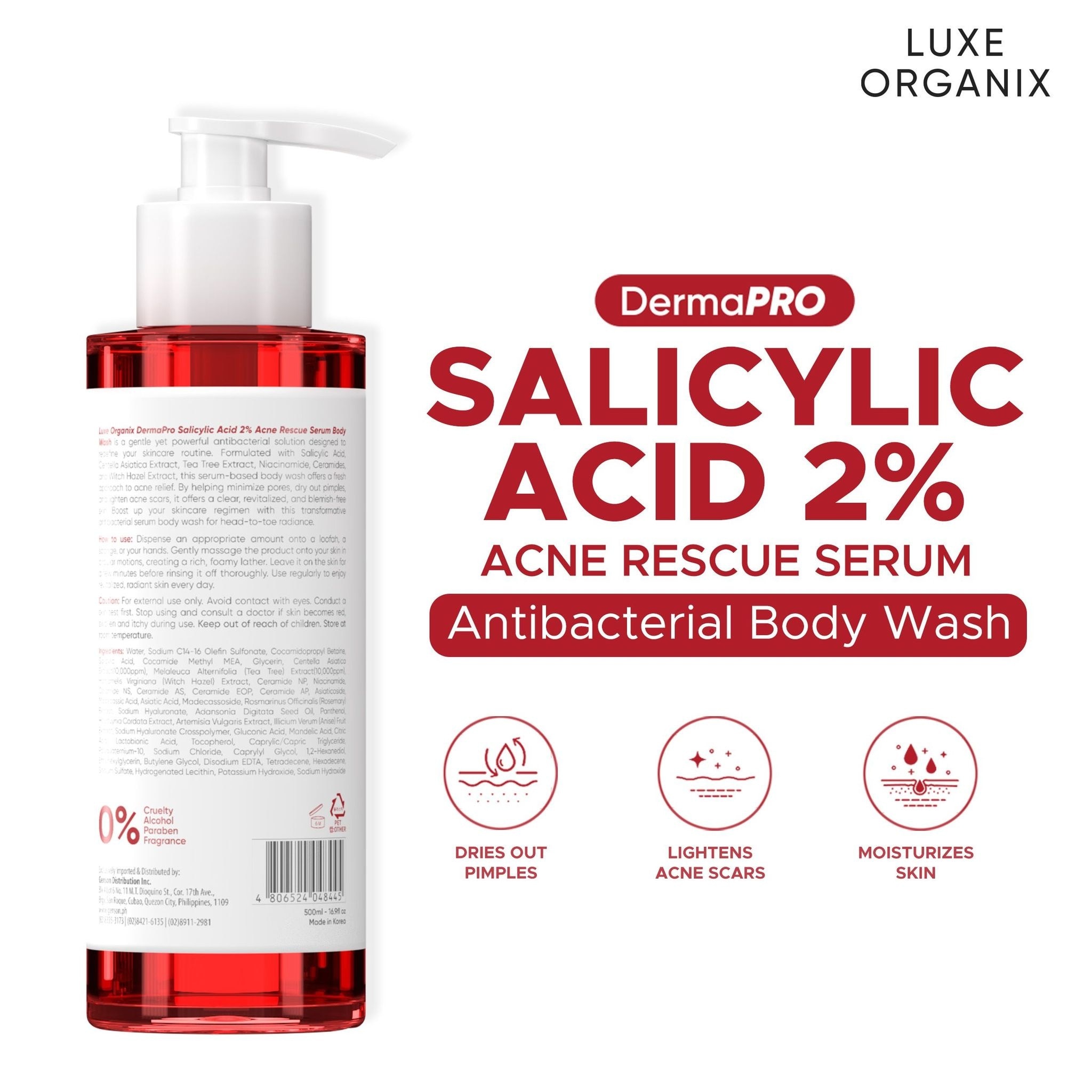 Luxe Organix Dermapro Salicylic Acid 2% Acne Rescue Serum Antibacterial Body Wash 500Ml
