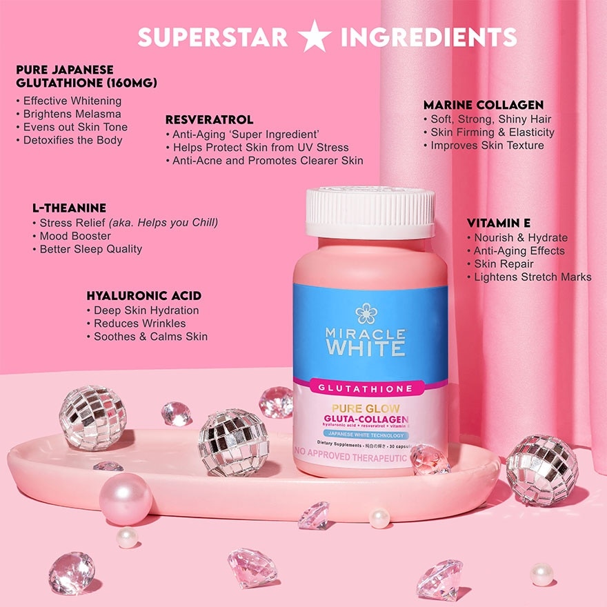 MIRACLE WHITE Pure Glow Gluta-Collagen 30 Capsules