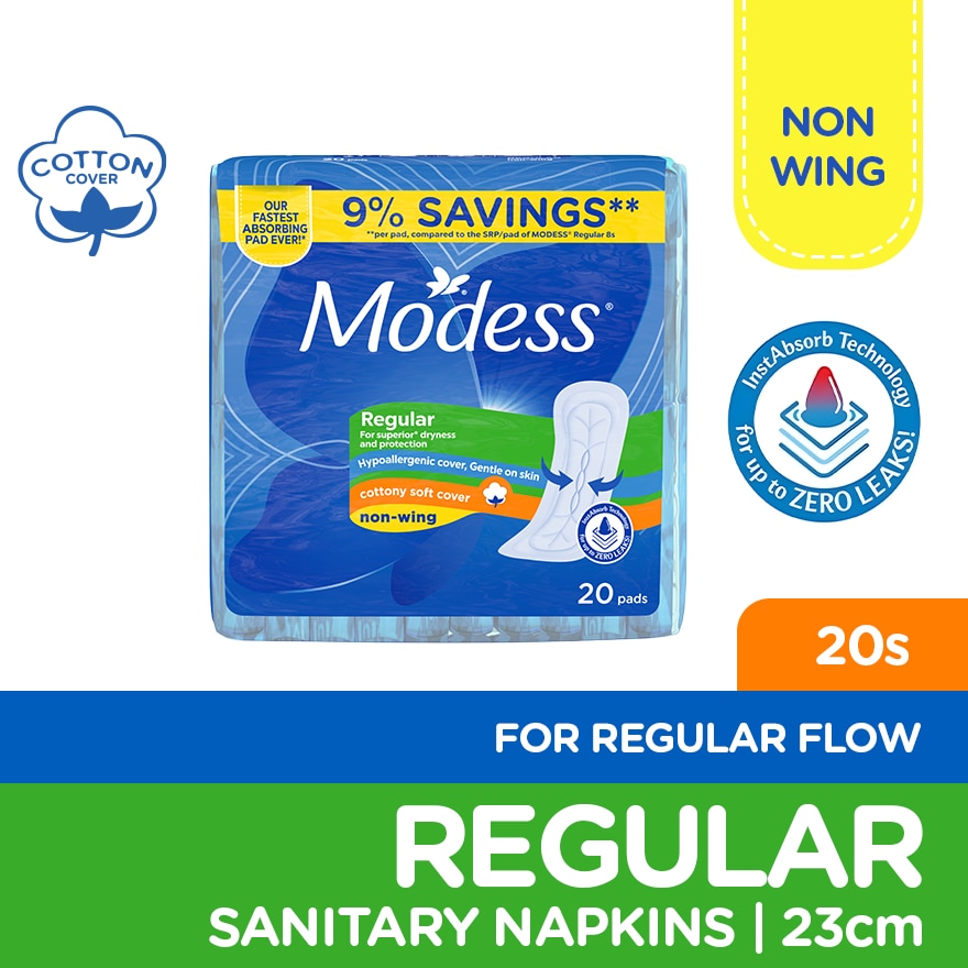 Modess Regular Cottony Soft Non Wing Sanitary Napkin 20s Regular Flow,Fast Absorbing Against Leaks image