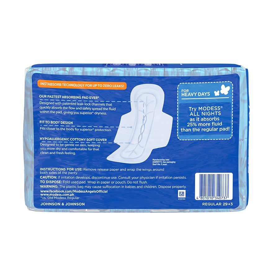 Modess Regular Cottony Soft with Wings Sanitary Napkins 32s Regular Flow, Fast Absorbing vs Leaks image