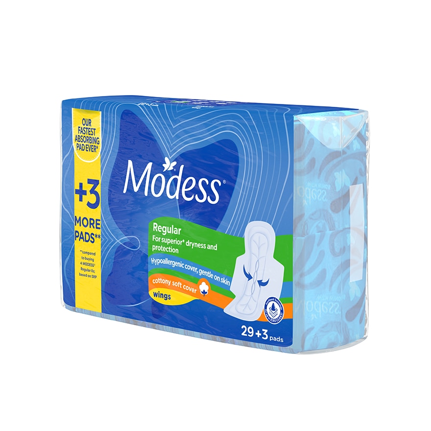 Modess Regular Cottony Soft with Wings Sanitary Napkins 32s Regular Flow, Fast Absorbing vs Leaks image