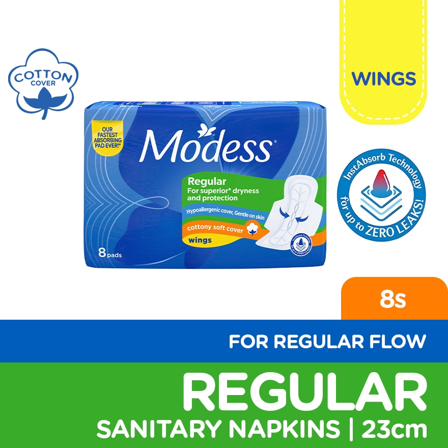 Modess Regular Cottony Soft with Wings Sanitary Napkins 8s Regular Flow, Fast Absorbing vs Leaks image